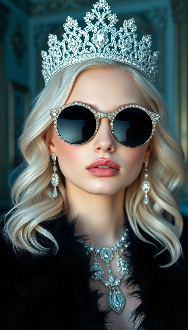 HD iPhone AI Young Platinum Blonde Queen in Black Fur Well-Lit Wallpaper